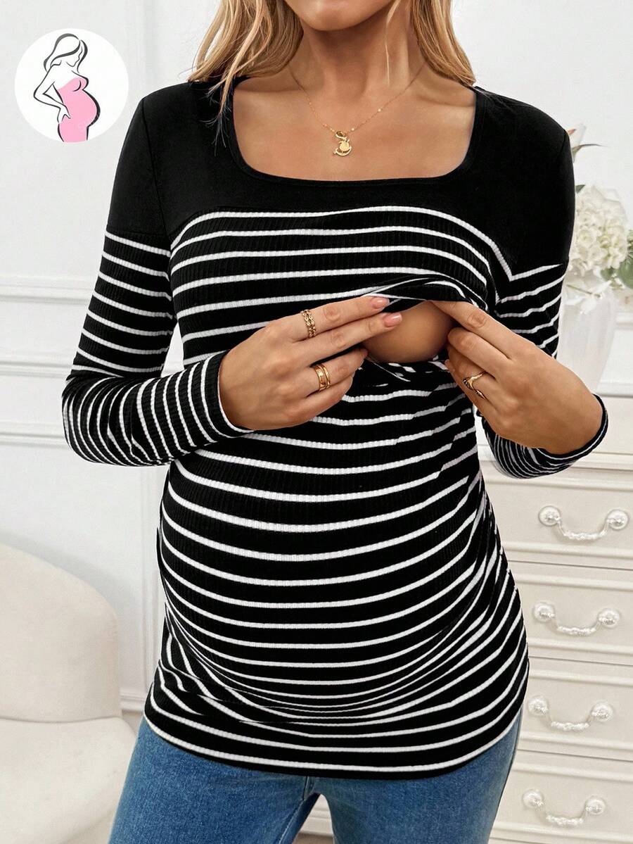 SHEIN 孕妇条纹方领长袖休闲哺乳上衣 - 黑與白 - 查看 1