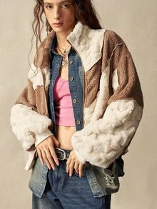 Bohemela 休闲拼色长袖宽松女式运动衫秋冬女士服装 - 杏色 - 查看 6