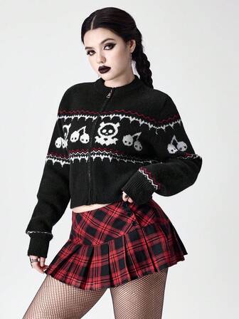 Goth Cardigan en jacquard tricoté à motif de cerise sombre démoniaque pour femmes