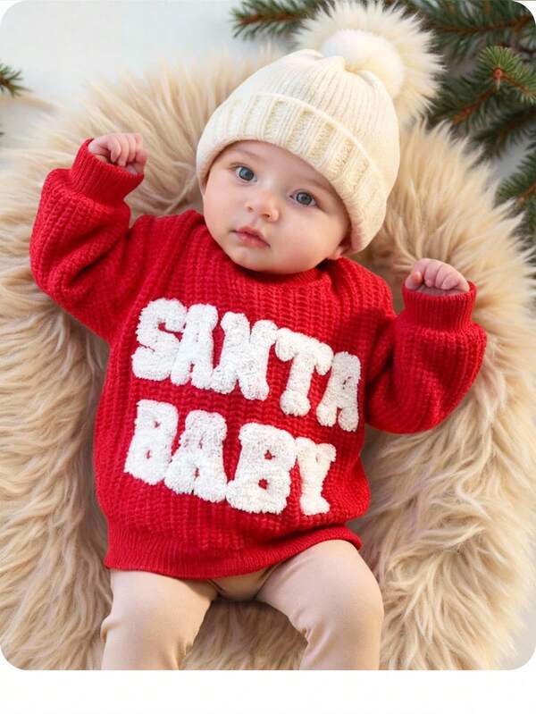 SHEIN Casual Loose Comfortable Long Sleeve Newborn Baby Sweaters Autumn Winter Clothes For Girl Christmas Sweater For Baby Baby Boy Oversized Crew Neck Baby Boy Jumper Holiday Baby Clothes Red Baby Outfit