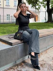 Jeta Ari 女士寬鬆休閒丹寧寬腿褲，附口袋 - 深色水洗藍 - 查看 5