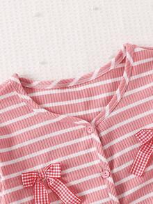 Girls' Sweet Pink Comfortable Cute 3D Bow Striped Cardigan Pajama Set - Multicolor - View 4