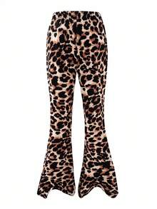 SHEIN Tween Girls Vintage Leopard Print New York Patchwork Asymmetric Collar Sweatshirt&Flare Pants Set,Brown Checked,Autumn,Cow Boy,School,Back-To-School - Multicolor - View 5