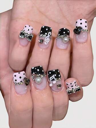 Kawaii Cute Kitty Paw, Romantic Heart, Ballerina Bow, White Wing, Metal Cross Decorated Handmade False Nails, Mass-Produced Energetic Girl Nail Accessories, Suitable For Daily Outing And Dates