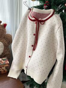 DAZY 女士宽松圆领休闲波尔卡圆点毛衣，适合秋冬季，长袖上衣，秋季女装
