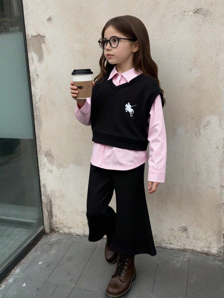 Elladie kids 3件套年轻女孩休闲条纹衬衫+心形印花背心+裤子套装，秋冬 - 彩色 - 查看 1