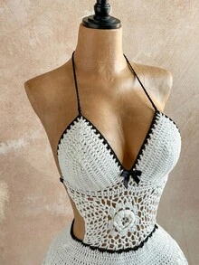 Soleia Váy ngắn đan móc nơ hở lưng phong cách nhiệt đới Bohemian thanh lịch, phù hợp mặc thường ngày mùa xuân/hè, đi biển, dự tiệc cưới, tốt nghiệp, ăn sáng muộn, ngày lễ Thánh Patrick, kỳ nghỉ xuân, lễ Phục sinh, lễ hội âm nhạc vào mùa thu/đông - Màu be - Xem 6