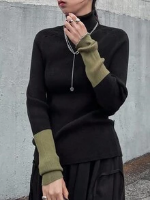 FRIFUL Women's Colorblock Turtleneck Long Sleeve Casual Sweater, Autumn/Winter - Black - View 4