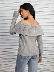 Flirla Women's Solid Color Off Shoulder Twist Knit Casual Long Sleeve Sweater - Grey - View 2