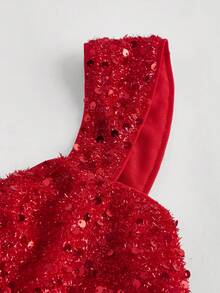 SHEIN MOD 女士红色亮片露肩迷你连衣裙、礼服、红色连衣裙、仙女芯、筒裙、仙女裙、公主化妆舞会礼服、除夕夜礼服、新年派对礼服、节日礼服 - 紅色 - 查看 3