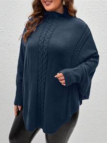 SHEIN LUNE Áo len dệt kim dáng rộng tay dài cổ đứng họa tiết xoắn cánh dơi cỡ lớn dành cho nữ, mùa thu/đông - Xanh đậm - Xem 5