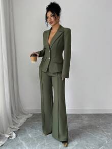 SHEIN Elenzya 优雅浪漫的女士西装外套，翻领收腰设计 - 軍綠色 - 查看 4