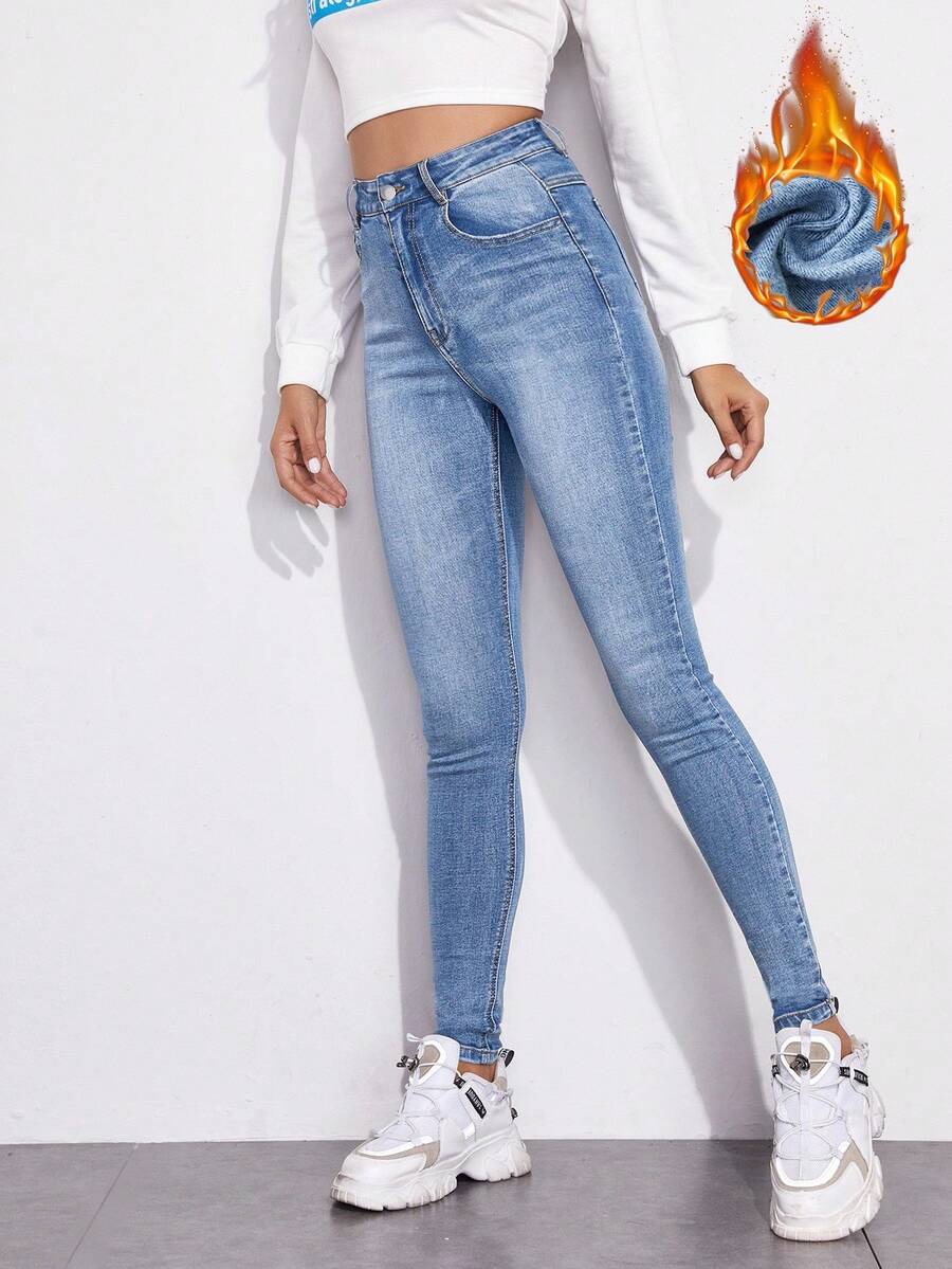 EMERY ROSE 女式高腰口袋保暖内衬紧身休闲牛仔裤，秋冬 - 淺色水洗藍 - 查看 1