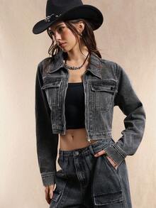 Easelle 女士休闲水洗短款牛仔夹克 - 黑色 - 查看 3