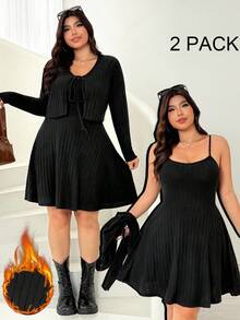 Solflare 加大码纯色系带短款上衣和细肩带迷你连衣裙两件套 - 黑色 - 查看 2