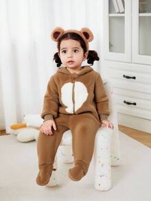 Newborn Baby Unisex Plush Bear Ear Animal Hooded Zipper Footed Jumpsuit Baby Winter Jumpsuit Baby Winter Fur Clothing Mocha Baby Clothes Baby Fleece Jumpsuit Baby Coat Jumpsuit Fall - Multicolor - View 4