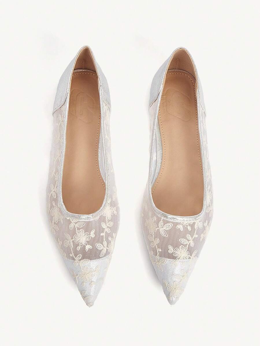 CUCCOO CHICEST Women's Fashion Pointed Toe Silver Lace Mesh Breathable Elegant Comfortable Casual Flat Shoes - Silver - View 1