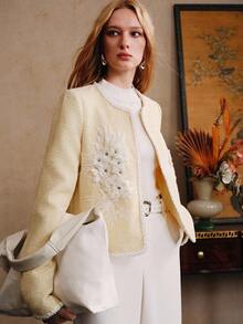 Arave Women's Tweed Fabric Boxy Round Neck Open Placket Applique Flower Edge Pearl Ribbon Design Daily Commuter Jacket Fall Clothes For Women Winter Clothes   Party - Yellow - View 1