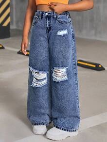 SHEIN Tween 女童 Y2K 春夏街头风破洞直筒牛仔裤，女童夏装 - 深色水洗藍 - 查看 5