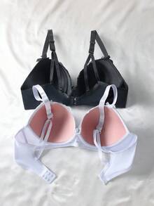 SHEIN 2pcs/Set Plus Size Women Lace Patchwork Minimalist Underwire Bra With Adjustable Straps, Supportive & Shaping, Lift - Black and White - View 2