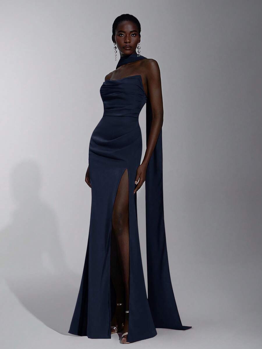 SHEIN Belle 优雅、浪漫、深红色、编织哑光、丝带装饰、露肩、露肩、合身、鱼尾伴娘礼服 - 藏蓝色 - 查看 1