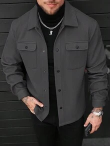 Manfinity Homme Áo khoác nam tay dài màu trơn, một hàng khuy, túi thường ngày, thời trang thu đông cho nam - Xám - Xem 4