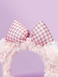 1pc Lace Bear Adorable Milk Puff Bear Ears & Pink Bow Plush Headband - Soft Polyester Lace Cartoon Hair Hoop For All Hair Types, Perfect For Face Washing & Styling, Teddy Bear Plush - Multicolor - View 5