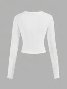 3pcs/Set Teen Girl Ribbed V-Neck Long Sleeve Elastic Fitted Soft T-Shirt - Multicolor - View 7