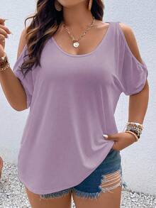 Vionelle Plus Size Casual Solid Color Off-Shoulder Short Sleeve T-Shirt, Summer Lilac Top Off Shoulder Tshirt Lavender Top Light Purple Top Cold Shoulder Top - Purple - View 1