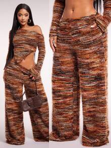 Radiana 大码女式复古美拉德棕色低腰抽绳阔腿裤，舒适休闲家居服毛绒针织阔腿裤，女式纹理针织裤 - 彩色 - 查看 5