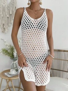 SHEIN Swim Hollow Out Split Hem Cover Up Dress Without Bikini,Summer Beach - White - View 5