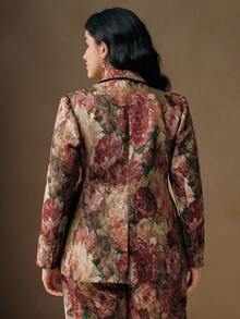 Anewsta 复古花卉随机图案腰部收紧修身大码女式西装外套 - 彩色 - 查看 7