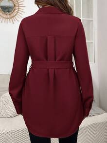 SHEIN Pregnant Women's Casual, Everyday, Workwear Versatile Solid Color Patchwork Pocket Belted Shirt, Spring/Autumn