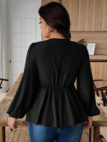 EMERY ROSE Plus Size Women's V-Neck Sequin Patchwork Ruffle Hem Bow Tie Blouse, Autumn/Winter - Black - View 2