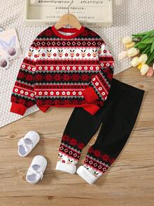 SHEIN Bộ 2 món/Bộ thời trang thường ngày cổ điển cho bé gái hình bông tuyết, chuông, hoa, quà tặng, tuần lộc in hình dễ thương, cổ tròn, tay dài, áo nỉ và quần legging, thích hợp cho mùa thu/đông, Giáng sinh - Nhiều màu - Xem 3