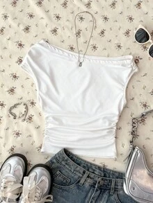 Teen Girls' White Knit Casual Minimalist Polka Dot Print Asymmetric Ruched Cropped Top, Suitable For Spring/Summer, Casual, Personalized Styling, Daily Wear Autumn Outfits , Easy Comfort Tops Suitable For Autumn/Winter Daily Wear,Street Style, Home Shirts For Teen Girl Off The Shoulder T Shirt Cute White Tops - White - View 5