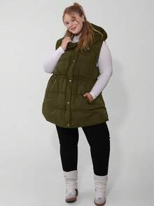 SHEIN CURVE+ Curve Plus Zip Up Hooded Vest Coat, For Winter - Army Green - View 5
