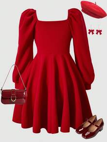 SHEIN Mädchen Lässiges elegantes Kleid mit V-Ausschnitt und Langarm, gerippte Manschetten, Schleife & Perlen Dekor an Oberteil & Saum, geeignet für Party, Reise, Lässig Tragen, kann mit Jacke oder Mantel kombiniert werden - Rot - Übersicht 2