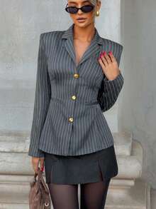 Siren Gaze Gray Striped Shaping Blazer With Belt, Business Casual Women's Fashionable Commuter, Can Be Paired With Blazer Dress For Women Women Suits, Office Clothes Women, Office Blouse, Autumn&Winter - Grey - View 9