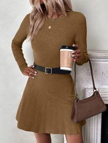 SHEIN LUNE Casual Solid Color Knit Dress, Autumn/Winter - Camel - View 4