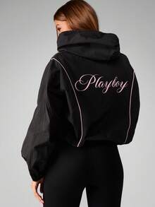 Missguided x Playboy Oversized Zip Up Hoodie Windbreaker Jacket With Hood And Pockets For Layering