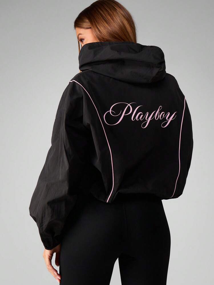 Missguided x Playboy Oversized Zip Up Hoodie Windbreaker Jacket With Hood And Pockets For Layering