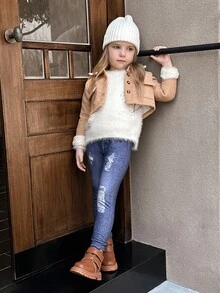 Young Girl 2pcs/Set Comfortable Casual Printed Jeans, Denim Effect Pants - Blue - View 3