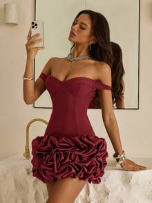 Vowa Gaun Bodycon Satin Rajut Cokelat Elegan dengan Bahu Terbuka dan Leher V Bermotif Bunga di Bagian Bawah, Cocok untuk Kencan, Liburan, Ulang Tahun, Pernikahan, dan Pesta Koktail. - Burgundy - View 2