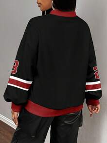 Slaydiva 2025 Autumn/Winter Casual Minimalist Jersey Design Sweatshirt, Number 23 Rhinestone-Effect Contrast Trim V-Neck Loose Fit Hoodie, Black