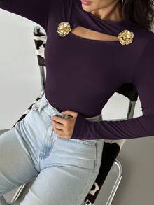Firerie Áo thun nữ tay dài màu đen họa tiết hoa hồng rỗng trang trí kim loại thanh lịch, tinh tế, mùa thu - Màu tím - Xem 6