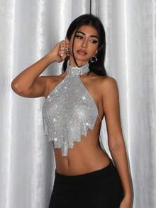 EgrlEra Metallic Mesh & Rhinestone Decor High Neck Backless Halter Top - Silver - View 5