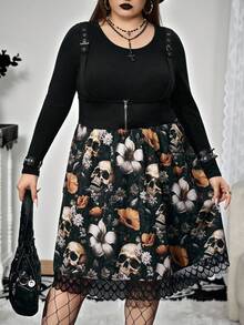 SHEIN CURVE+ Váy liền thân họa tiết Halloween cỡ lớn cho nữ/Mùa thu/Đông - Nhiều màu - Xem 4