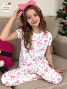 SHEIN 青少年女孩休闲可爱甜美粉色蝴蝶结印花，粉色芭蕾风格，短袖圆领T恤上衣和紧身打底裤家居服套装，女孩风格，日式甜美，日本少女时尚，休闲舒适 - 彩色 - 查看 6