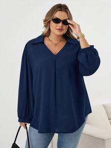 SHEIN CURVE+ 大码女式秋冬休闲宽松舒适 V 领黑色长袖衬衫、秋季女装、女式衬衫、曲线上衣、老款、黑色上衣、商务休闲女装、女式办公室装、W、教师衬衫、女式秋装、冬季、CURVE PLUS - 藏蓝色 - 查看 7